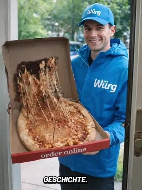 Lieferung an der Haustür: eine offene Pizzabox mit Käsefäden