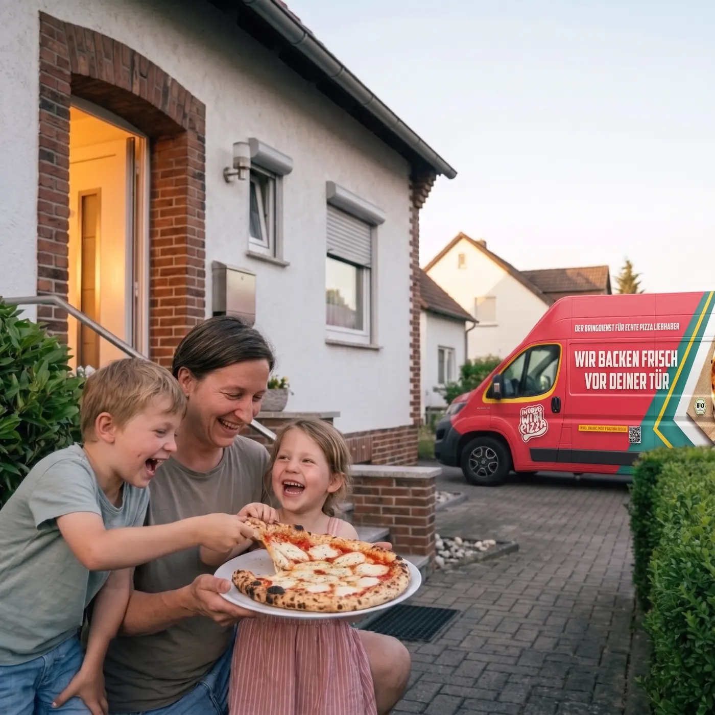 Eine Mutter und zwei Kinder halten lachend eine Pizza auf einem Teller, dahinter der rote Pizza-Van in der Einfahrt