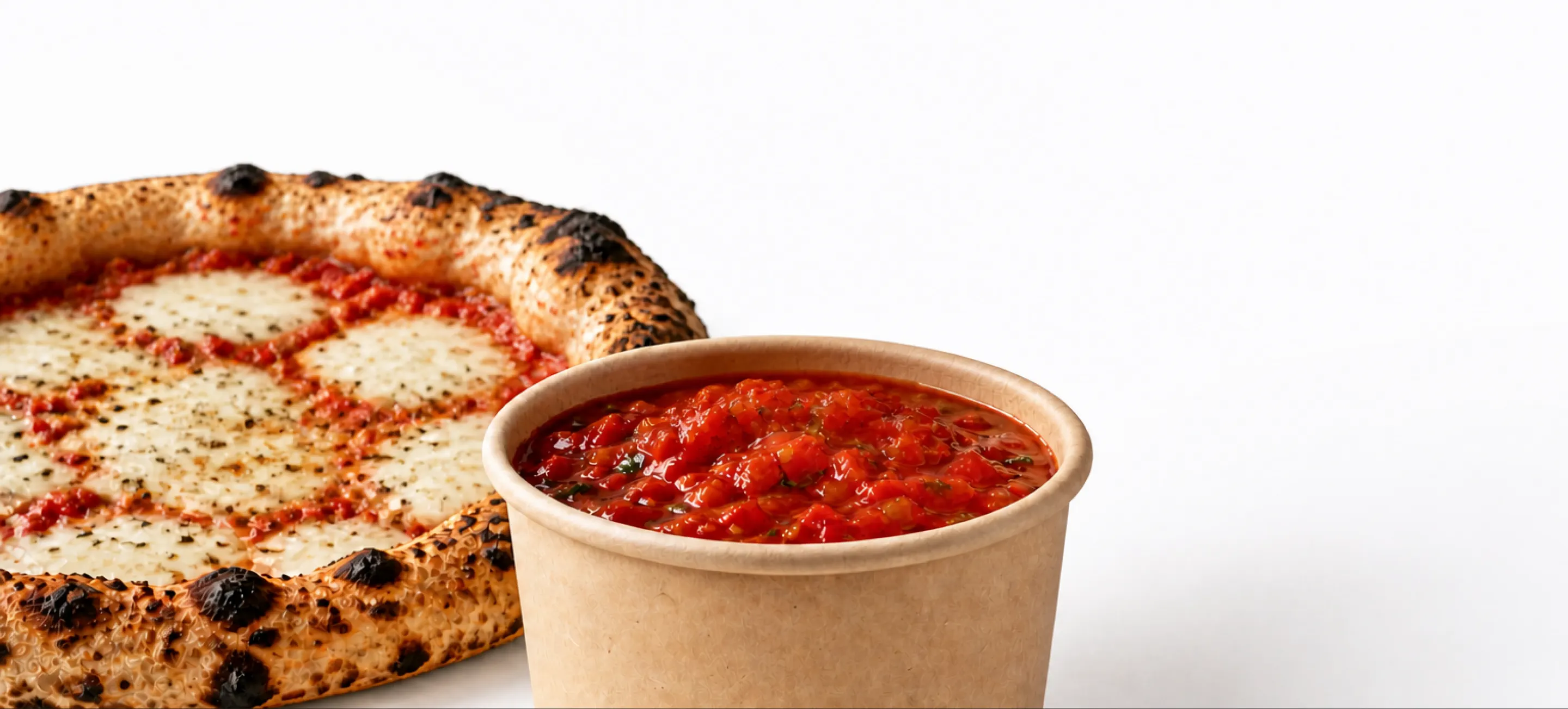 Ein Stück Pizza wird in einen Becher mit hausgemachter Tomatensauce getaucht