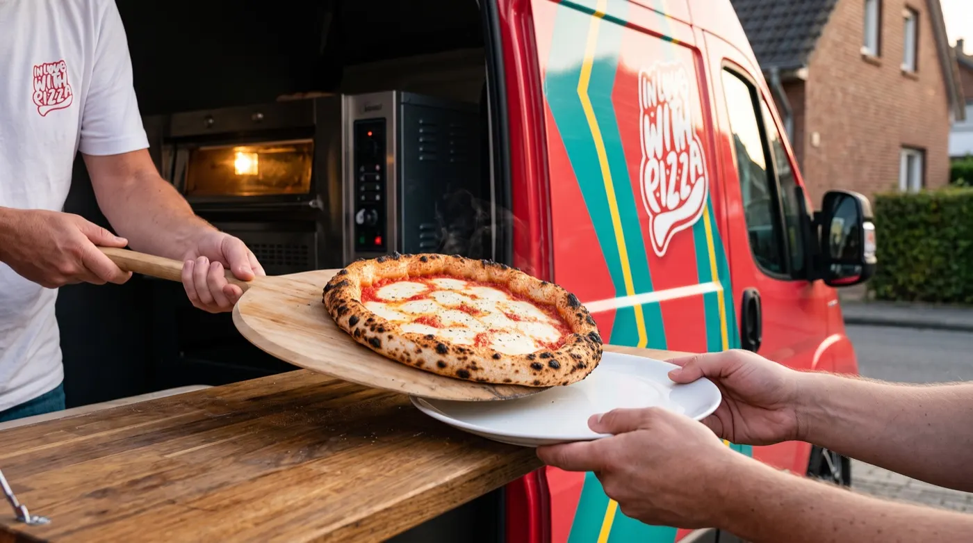 Eine fertige Pizza wandert vom Holzschieber auf den Teller, den ein Gast am Van hinhält