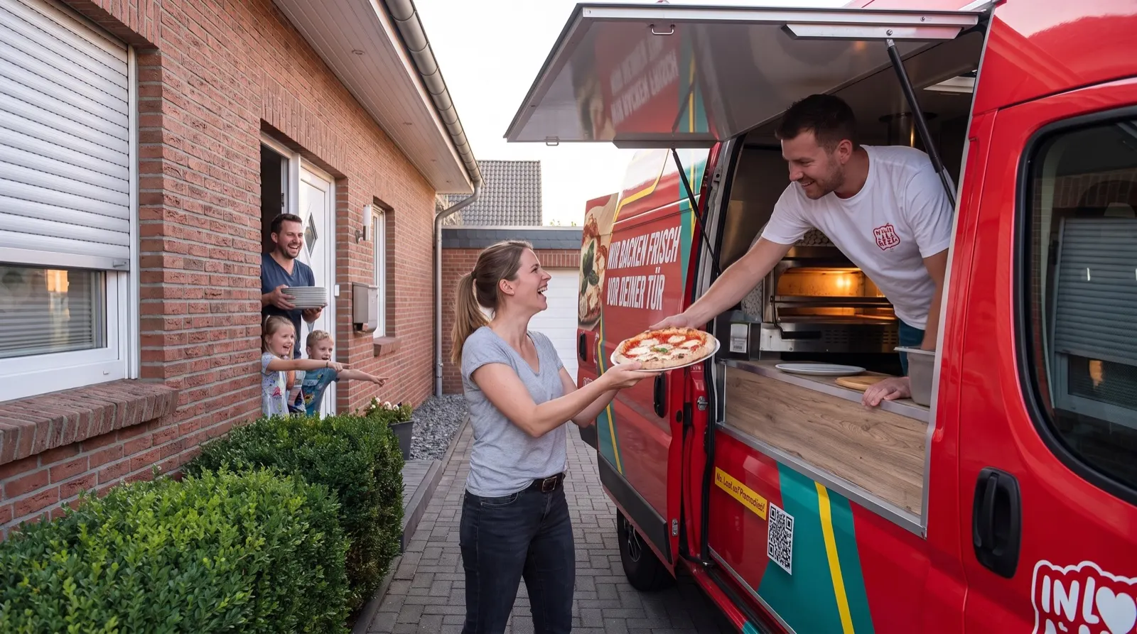 Der rote Pizza-Van steht in einer Wohnstraße vor einem Einfamilienhaus, eine Familie kommt heraus