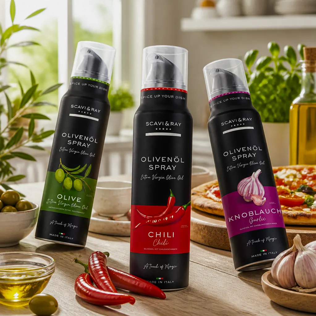 Drei Scavi & Ray Olivenöl-Sprays auf einem Holztisch, daneben Oliven, Chili und Knoblauch