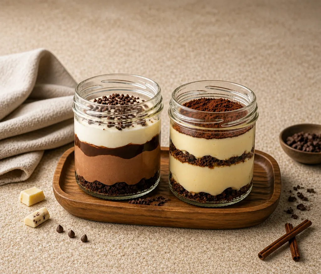 Zwei Dessertgläser mit Tiramisu und Schokoladencreme auf einem Holzbrett